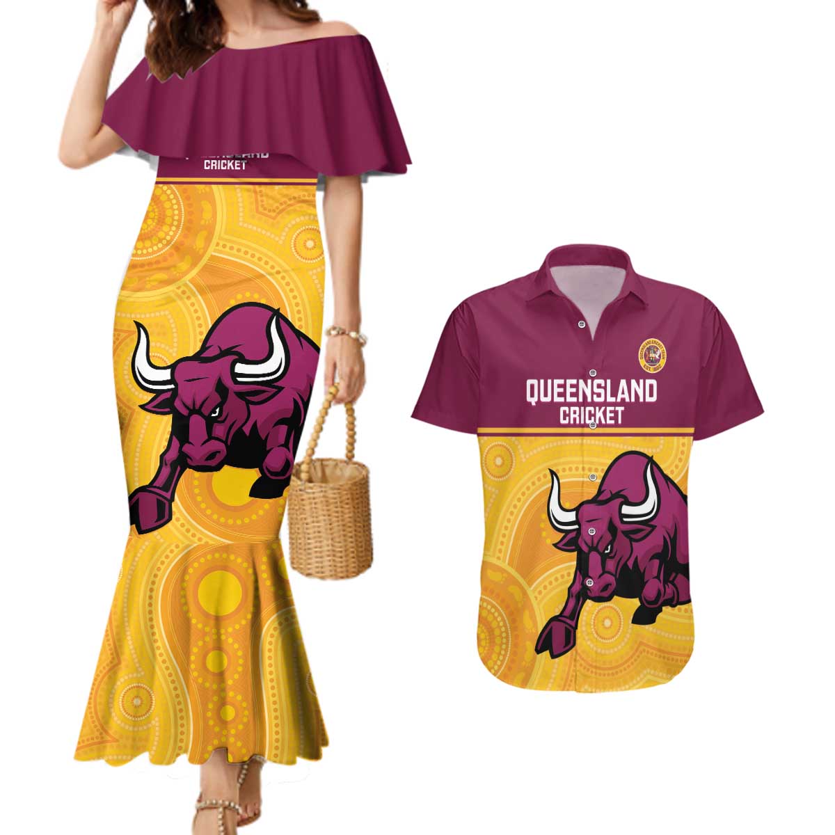 Custom Australia Queensland Cricket Couples Matching Mermaid Dress and Hawaiian Shirt Go Bulls - Aboriginal Art