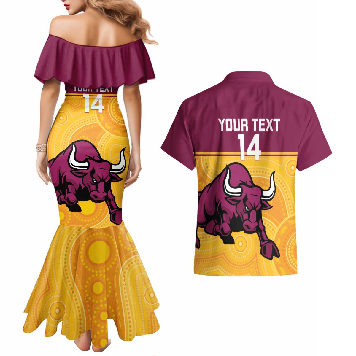 Custom Australia Queensland Cricket Couples Matching Mermaid Dress and Hawaiian Shirt Go Bulls - Aboriginal Art