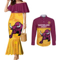 Custom Australia Queensland Cricket Couples Matching Mermaid Dress and Long Sleeve Button Shirt Go Bulls - Aboriginal Art