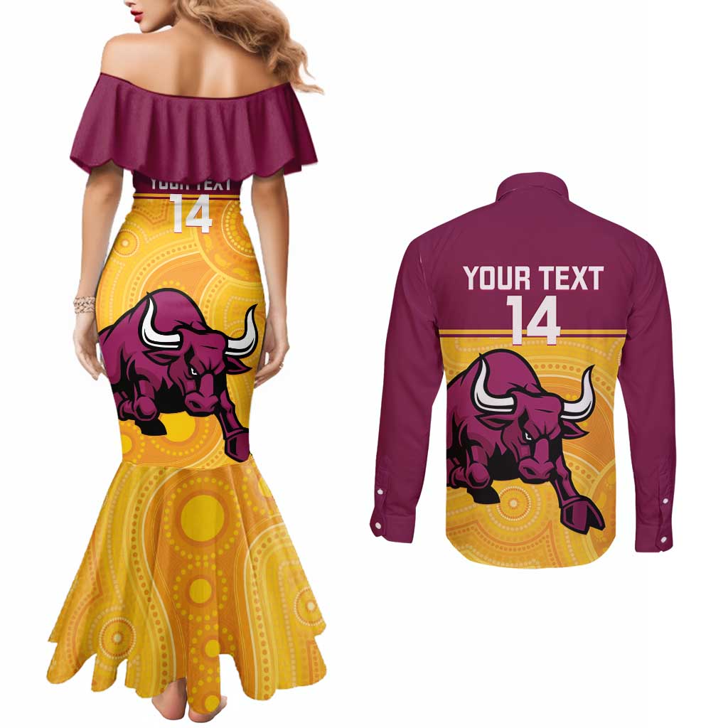 Custom Australia Queensland Cricket Couples Matching Mermaid Dress and Long Sleeve Button Shirt Go Bulls - Aboriginal Art