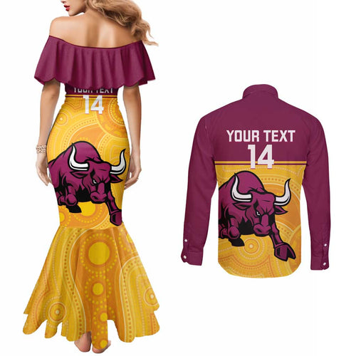 Custom Australia Queensland Cricket Couples Matching Mermaid Dress and Long Sleeve Button Shirt Go Bulls - Aboriginal Art