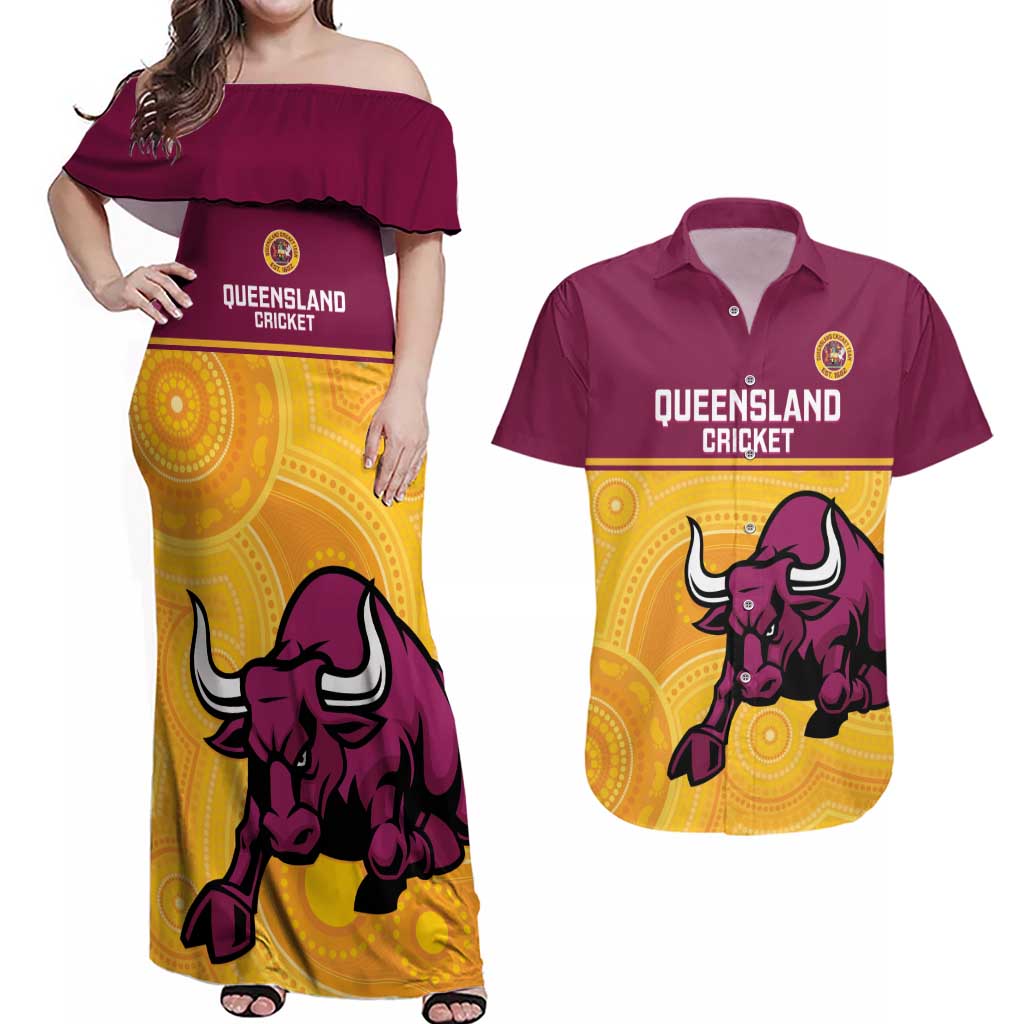 Custom Australia Queensland Cricket Couples Matching Off Shoulder Maxi Dress and Hawaiian Shirt Go Bulls - Aboriginal Art