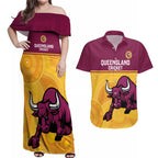 Custom Australia Queensland Cricket Couples Matching Off Shoulder Maxi Dress and Hawaiian Shirt Go Bulls - Aboriginal Art