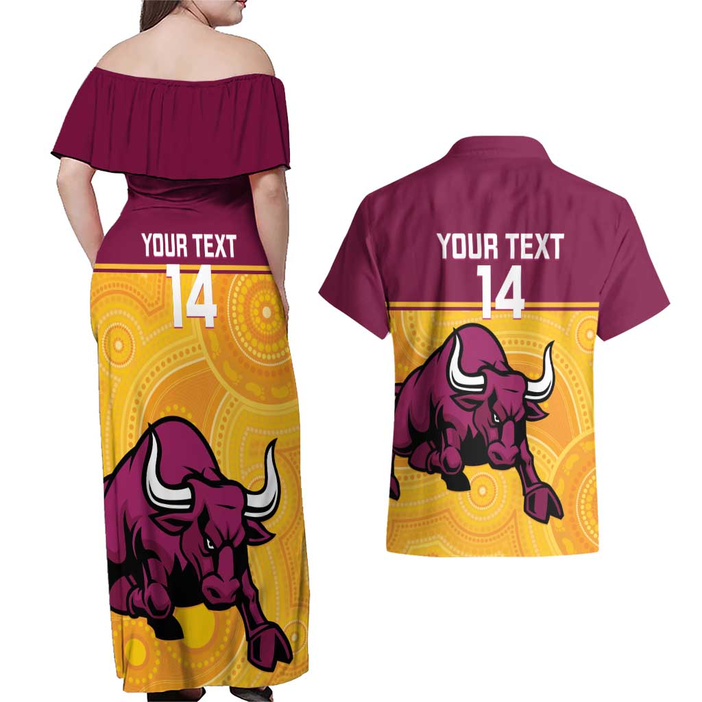 Custom Australia Queensland Cricket Couples Matching Off Shoulder Maxi Dress and Hawaiian Shirt Go Bulls - Aboriginal Art