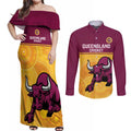 Custom Australia Queensland Cricket Couples Matching Off Shoulder Maxi Dress and Long Sleeve Button Shirt Go Bulls - Aboriginal Art
