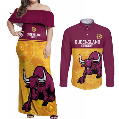 Custom Australia Queensland Cricket Couples Matching Off Shoulder Maxi Dress and Long Sleeve Button Shirt Go Bulls - Aboriginal Art