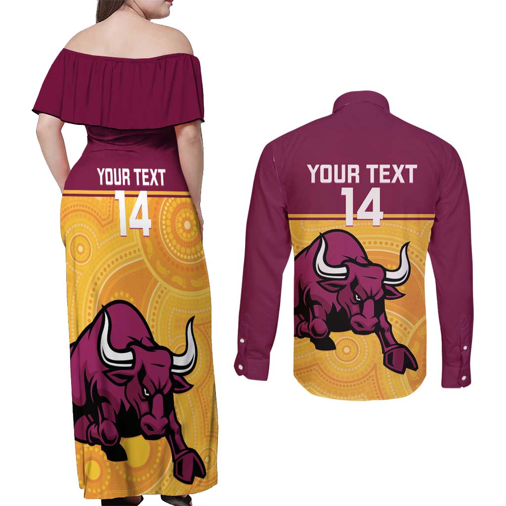 Custom Australia Queensland Cricket Couples Matching Off Shoulder Maxi Dress and Long Sleeve Button Shirt Go Bulls - Aboriginal Art
