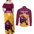 Custom Australia Queensland Cricket Couples Matching Off Shoulder Maxi Dress and Long Sleeve Button Shirt Go Bulls - Aboriginal Art