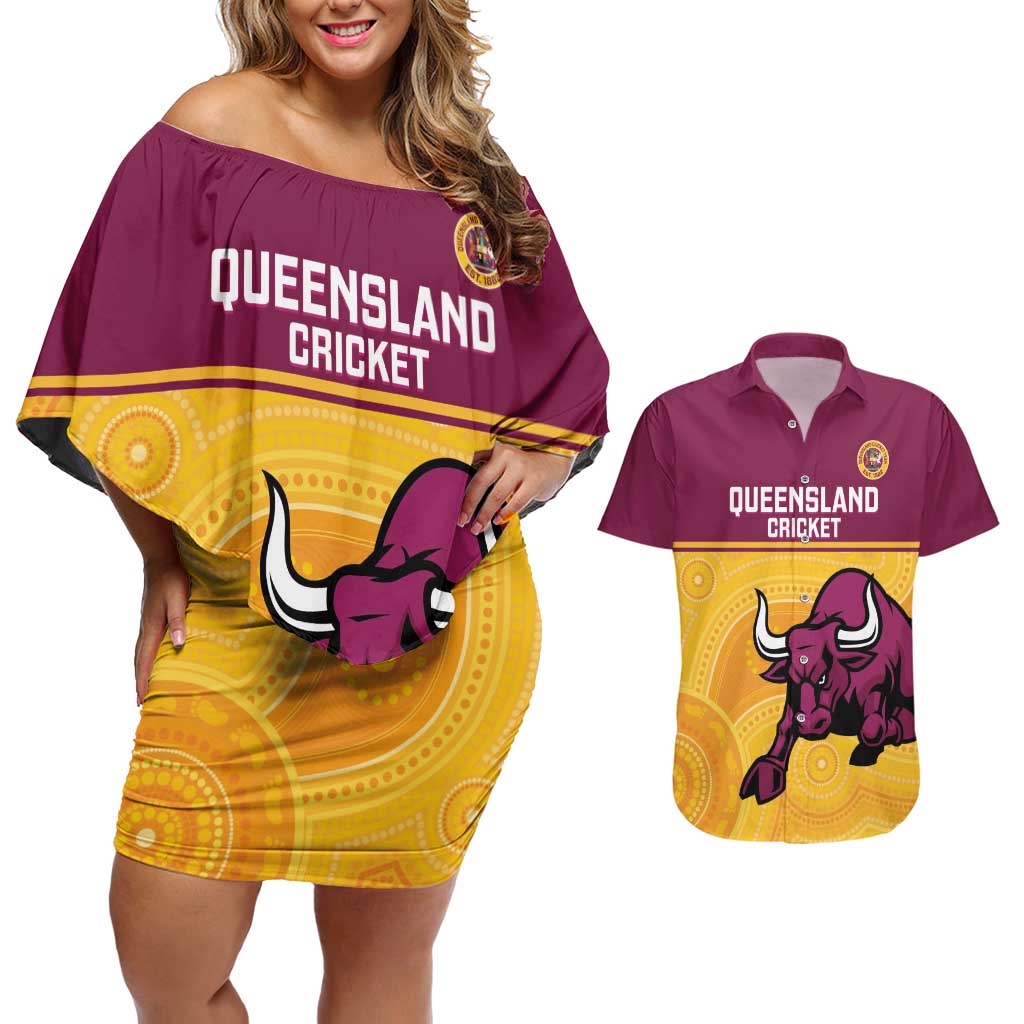 Custom Australia Queensland Cricket Couples Matching Off Shoulder Short Dress and Hawaiian Shirt Go Bulls - Aboriginal Art