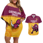 Custom Australia Queensland Cricket Couples Matching Off Shoulder Short Dress and Hawaiian Shirt Go Bulls - Aboriginal Art