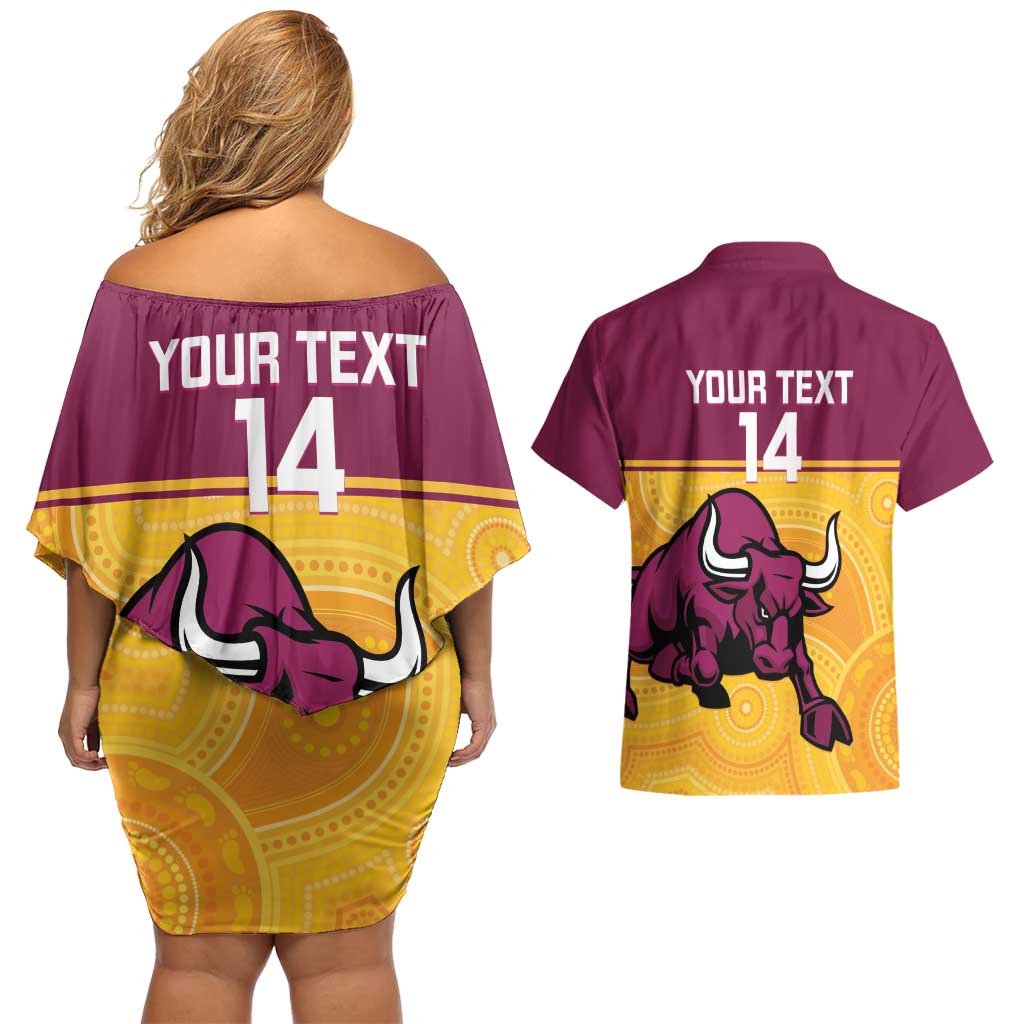 Custom Australia Queensland Cricket Couples Matching Off Shoulder Short Dress and Hawaiian Shirt Go Bulls - Aboriginal Art