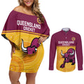 Custom Australia Queensland Cricket Couples Matching Off Shoulder Short Dress and Long Sleeve Button Shirt Go Bulls - Aboriginal Art