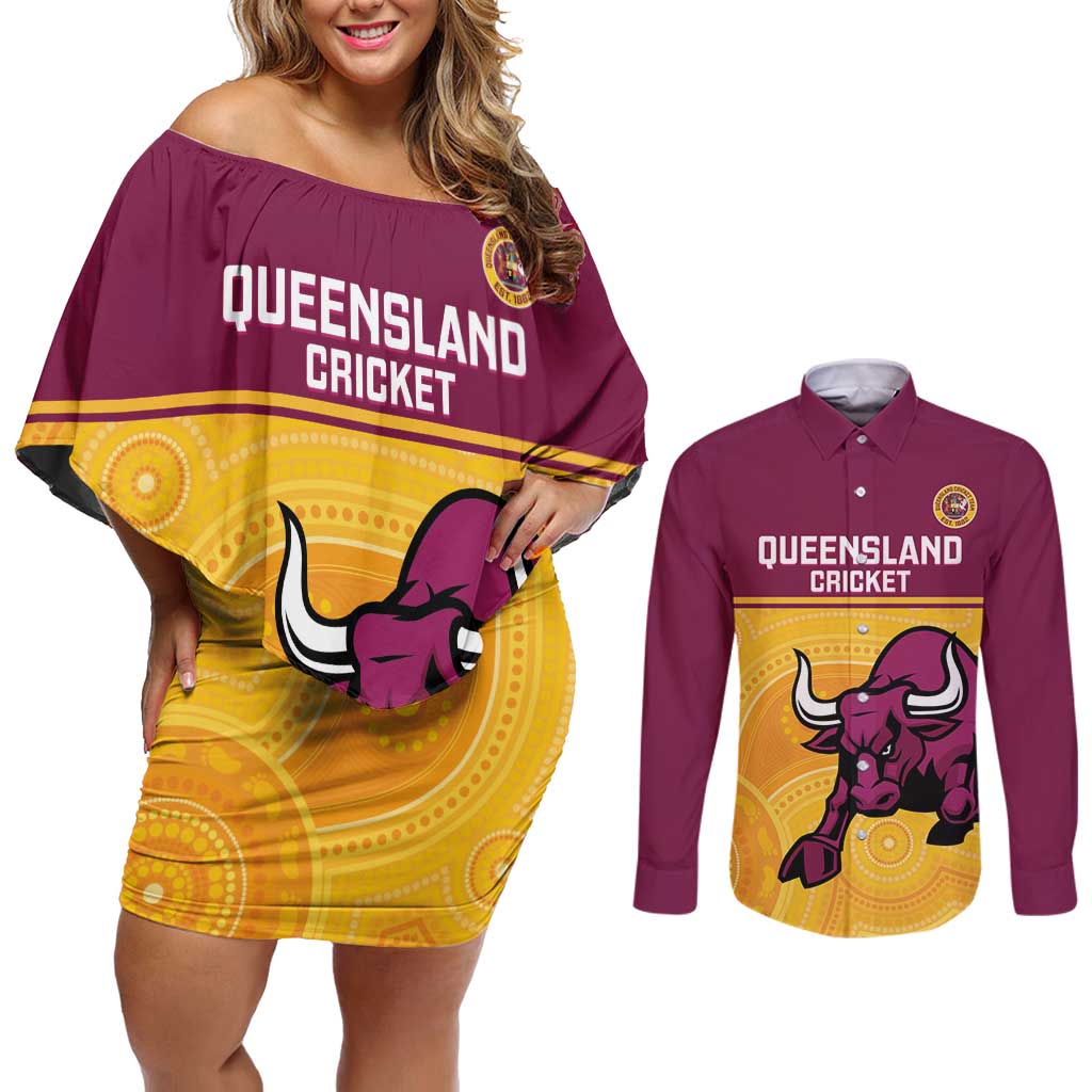 Custom Australia Queensland Cricket Couples Matching Off Shoulder Short Dress and Long Sleeve Button Shirt Go Bulls - Aboriginal Art