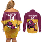 Custom Australia Queensland Cricket Couples Matching Off Shoulder Short Dress and Long Sleeve Button Shirt Go Bulls - Aboriginal Art