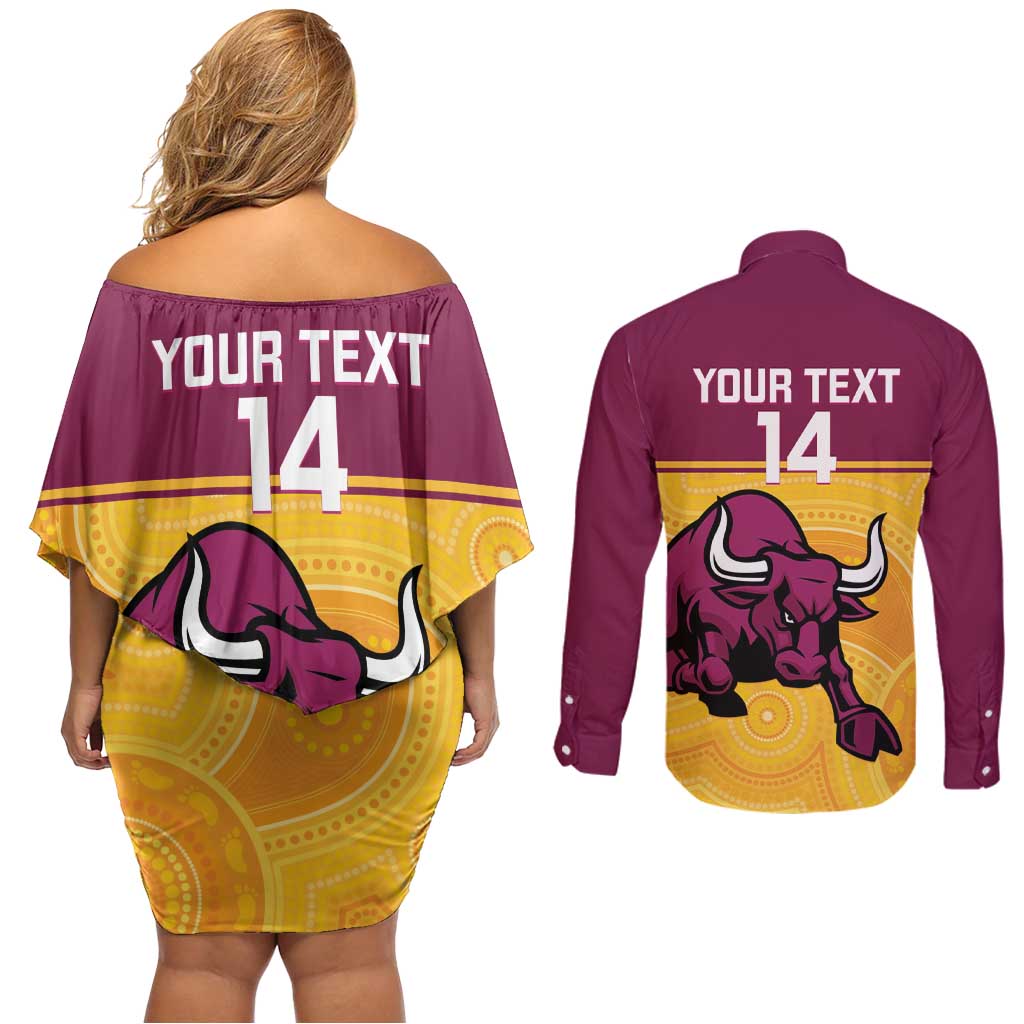 Custom Australia Queensland Cricket Couples Matching Off Shoulder Short Dress and Long Sleeve Button Shirt Go Bulls - Aboriginal Art