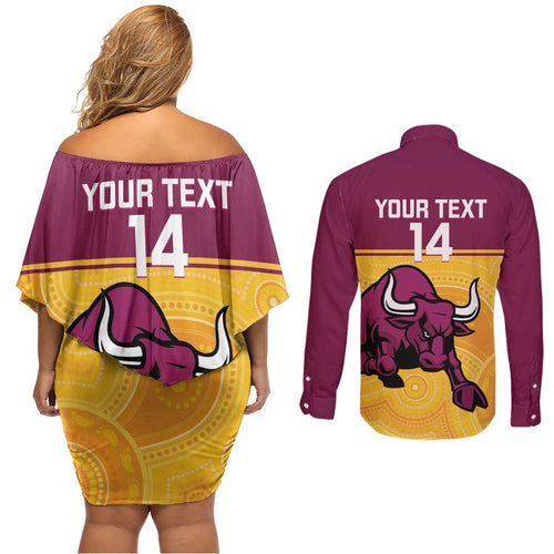 Custom Australia Queensland Cricket Couples Matching Off Shoulder Short Dress and Long Sleeve Button Shirt Go Bulls - Aboriginal Art