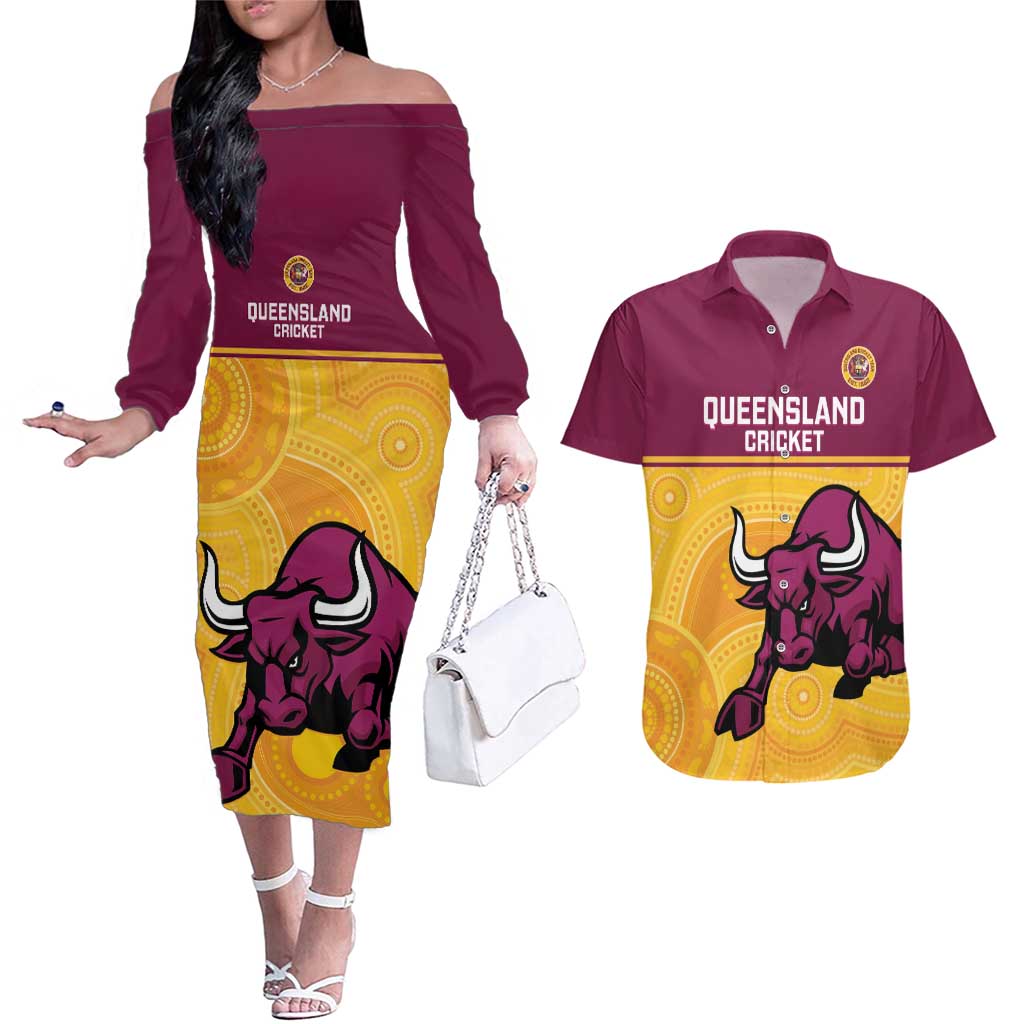 Custom Australia Queensland Cricket Couples Matching Off The Shoulder Long Sleeve Dress and Hawaiian Shirt Go Bulls - Aboriginal Art