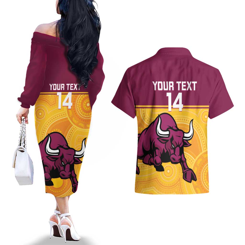 Custom Australia Queensland Cricket Couples Matching Off The Shoulder Long Sleeve Dress and Hawaiian Shirt Go Bulls - Aboriginal Art