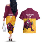 Custom Australia Queensland Cricket Couples Matching Off The Shoulder Long Sleeve Dress and Hawaiian Shirt Go Bulls - Aboriginal Art