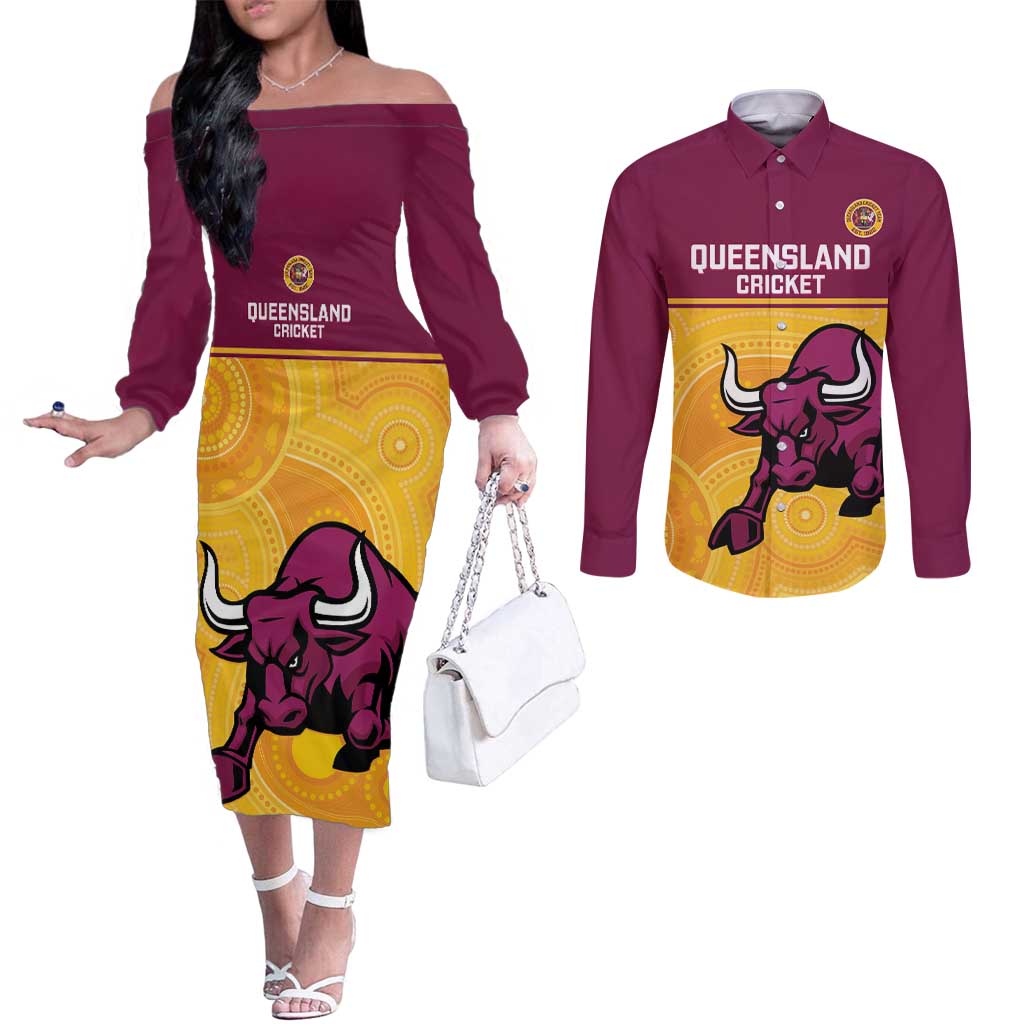 Custom Australia Queensland Cricket Couples Matching Off The Shoulder Long Sleeve Dress and Long Sleeve Button Shirt Go Bulls - Aboriginal Art