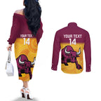Custom Australia Queensland Cricket Couples Matching Off The Shoulder Long Sleeve Dress and Long Sleeve Button Shirt Go Bulls - Aboriginal Art