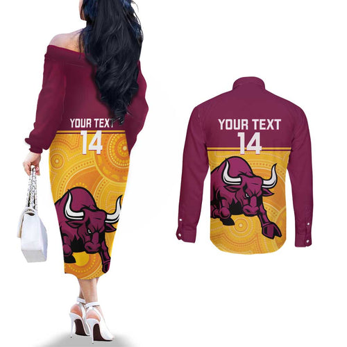 Custom Australia Queensland Cricket Couples Matching Off The Shoulder Long Sleeve Dress and Long Sleeve Button Shirt Go Bulls - Aboriginal Art