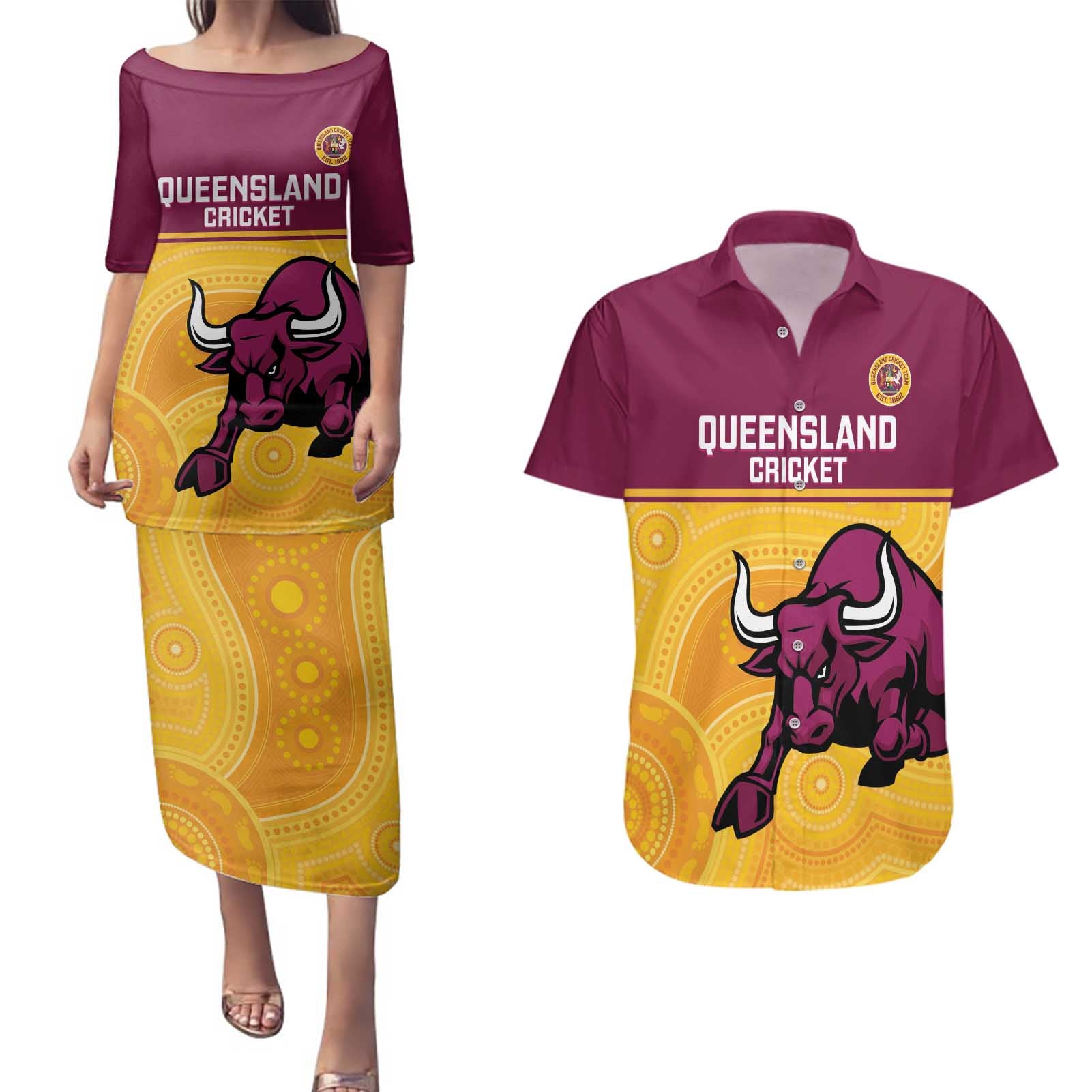 Custom Australia Queensland Cricket Couples Matching Puletasi and Hawaiian Shirt Go Bulls - Aboriginal Art
