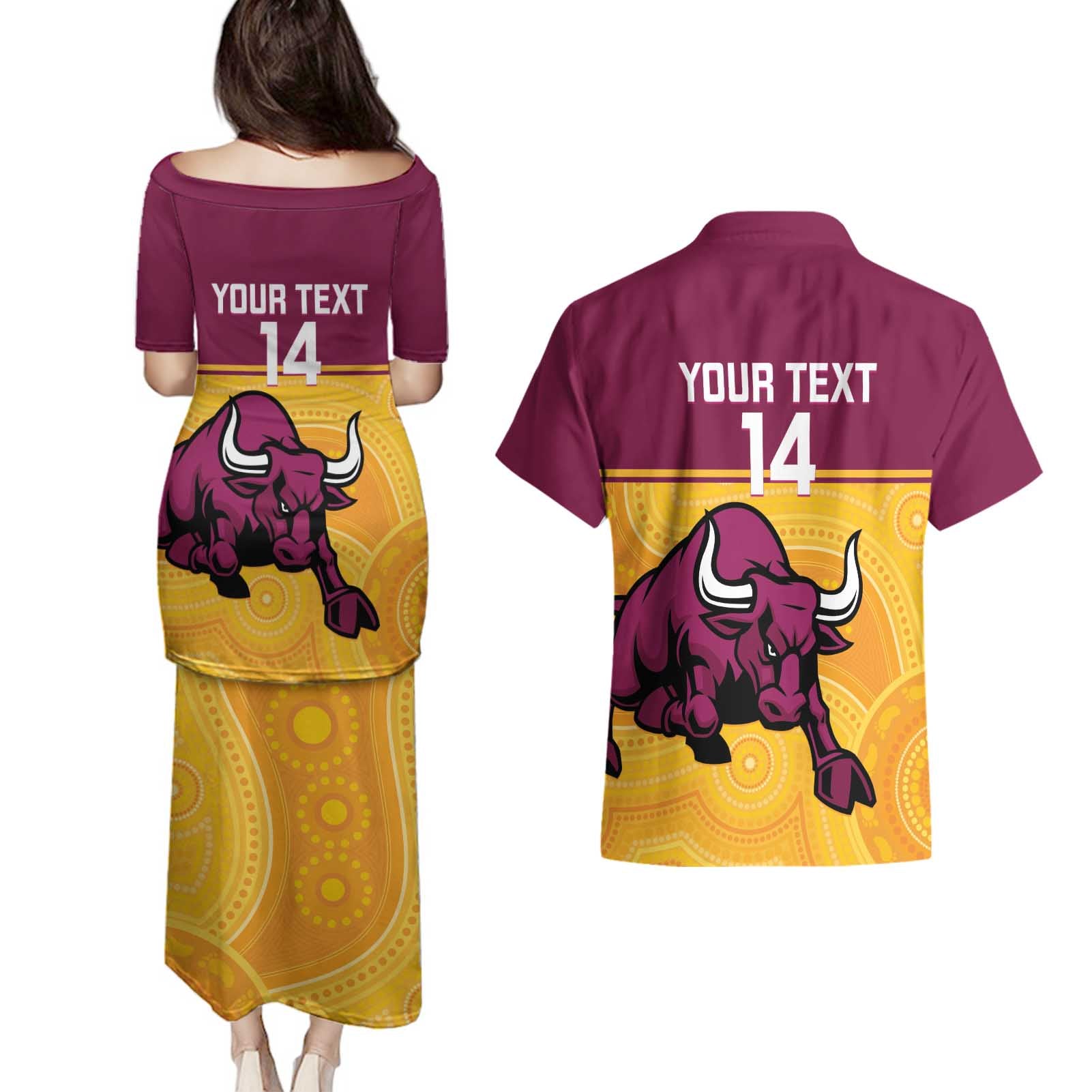 Custom Australia Queensland Cricket Couples Matching Puletasi and Hawaiian Shirt Go Bulls - Aboriginal Art