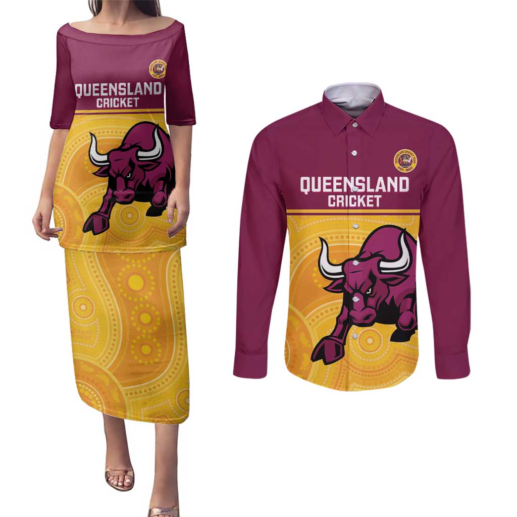 Custom Australia Queensland Cricket Couples Matching Puletasi and Long Sleeve Button Shirt Go Bulls - Aboriginal Art