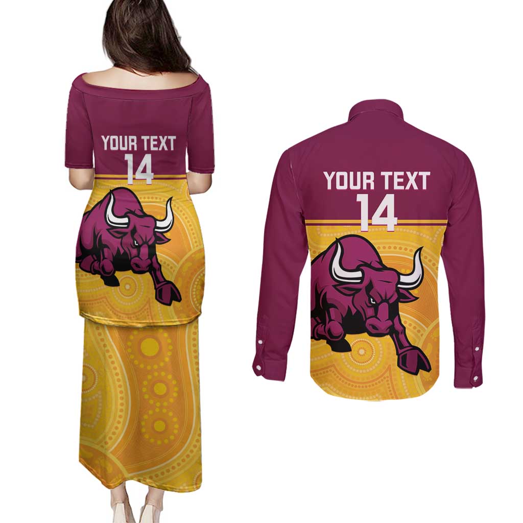 Custom Australia Queensland Cricket Couples Matching Puletasi and Long Sleeve Button Shirt Go Bulls - Aboriginal Art