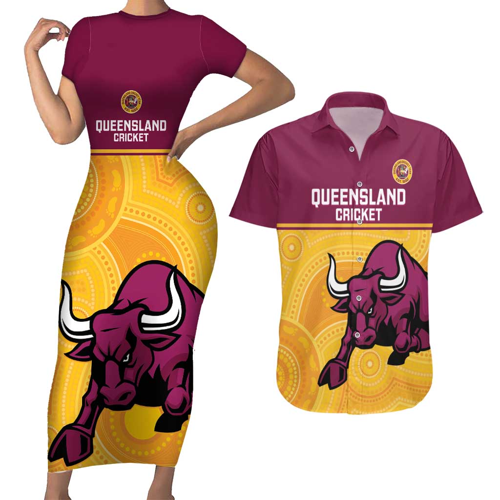 Custom Australia Queensland Cricket Couples Matching Short Sleeve Bodycon Dress and Hawaiian Shirt Go Bulls - Aboriginal Art