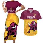 Custom Australia Queensland Cricket Couples Matching Short Sleeve Bodycon Dress and Hawaiian Shirt Go Bulls - Aboriginal Art