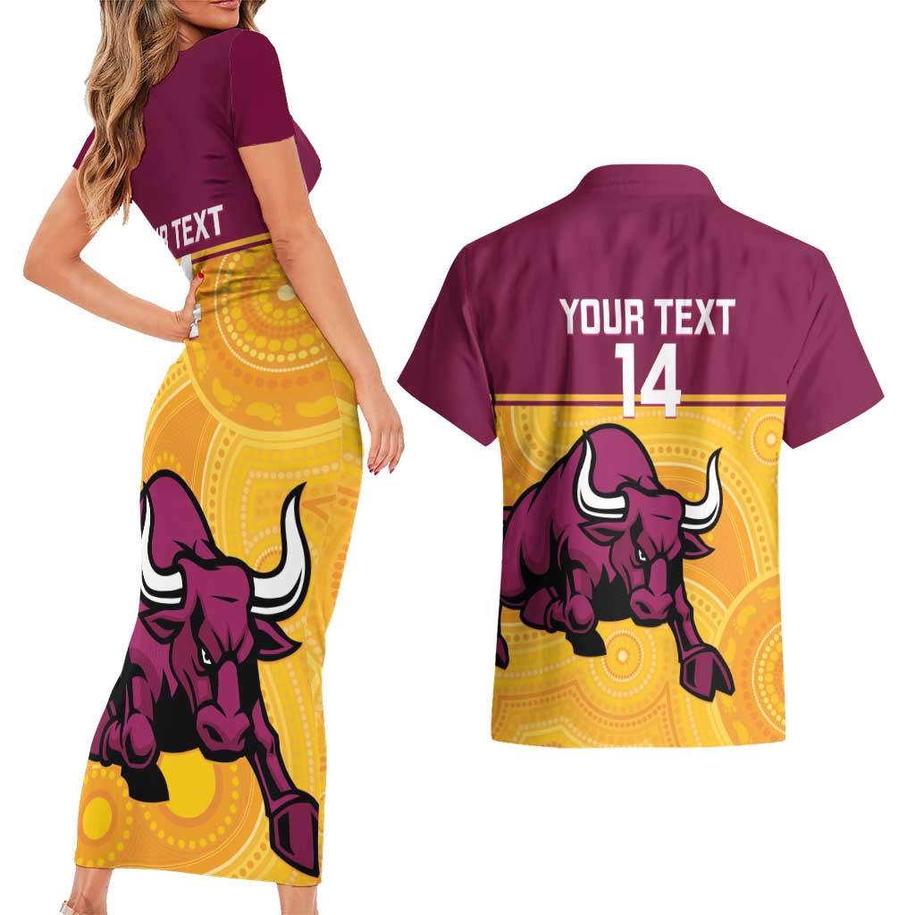 Custom Australia Queensland Cricket Couples Matching Short Sleeve Bodycon Dress and Hawaiian Shirt Go Bulls - Aboriginal Art