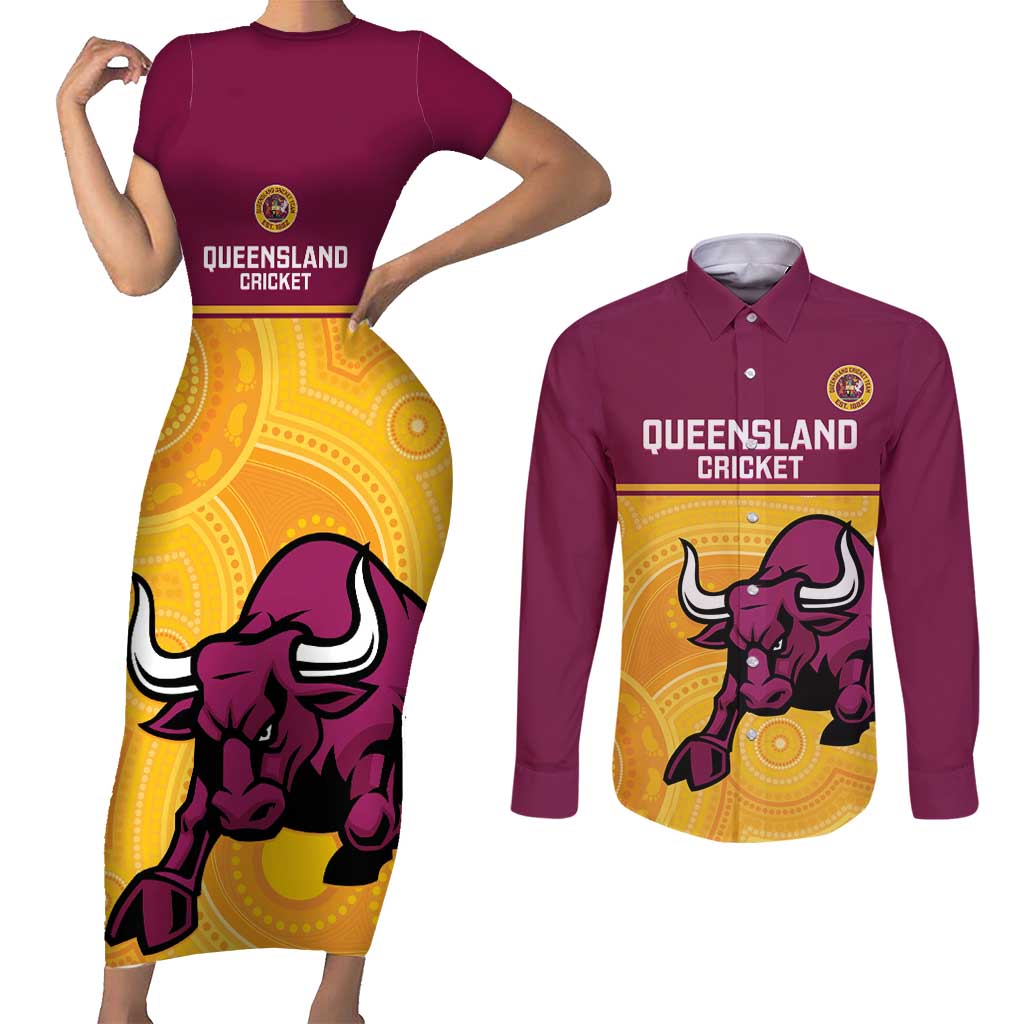 Custom Australia Queensland Cricket Couples Matching Short Sleeve Bodycon Dress and Long Sleeve Button Shirt Go Bulls - Aboriginal Art