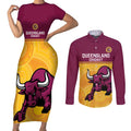 Custom Australia Queensland Cricket Couples Matching Short Sleeve Bodycon Dress and Long Sleeve Button Shirt Go Bulls - Aboriginal Art