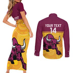 Custom Australia Queensland Cricket Couples Matching Short Sleeve Bodycon Dress and Long Sleeve Button Shirt Go Bulls - Aboriginal Art