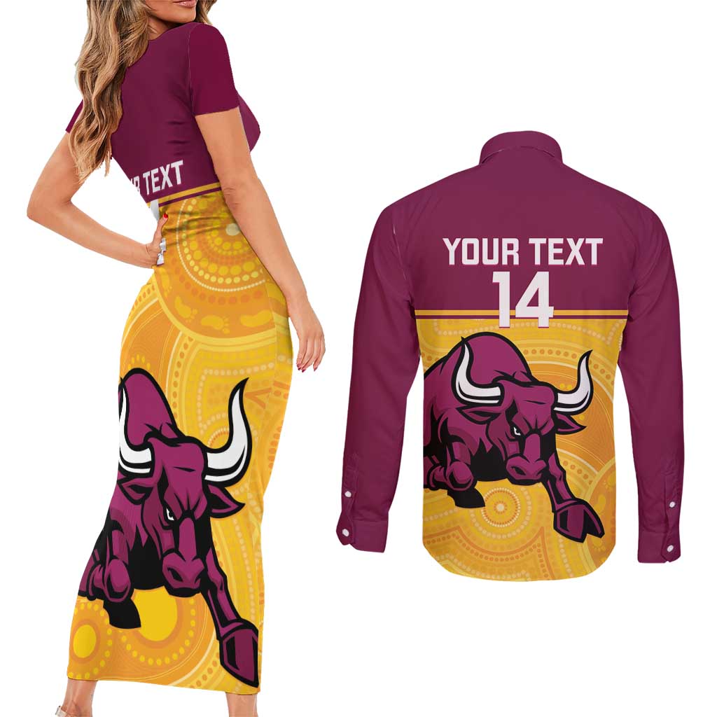 Custom Australia Queensland Cricket Couples Matching Short Sleeve Bodycon Dress and Long Sleeve Button Shirt Go Bulls - Aboriginal Art