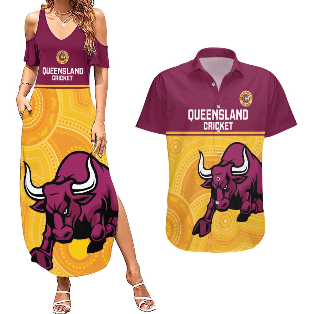 Custom Australia Queensland Cricket Couples Matching Summer Maxi Dress and Hawaiian Shirt Go Bulls - Aboriginal Art