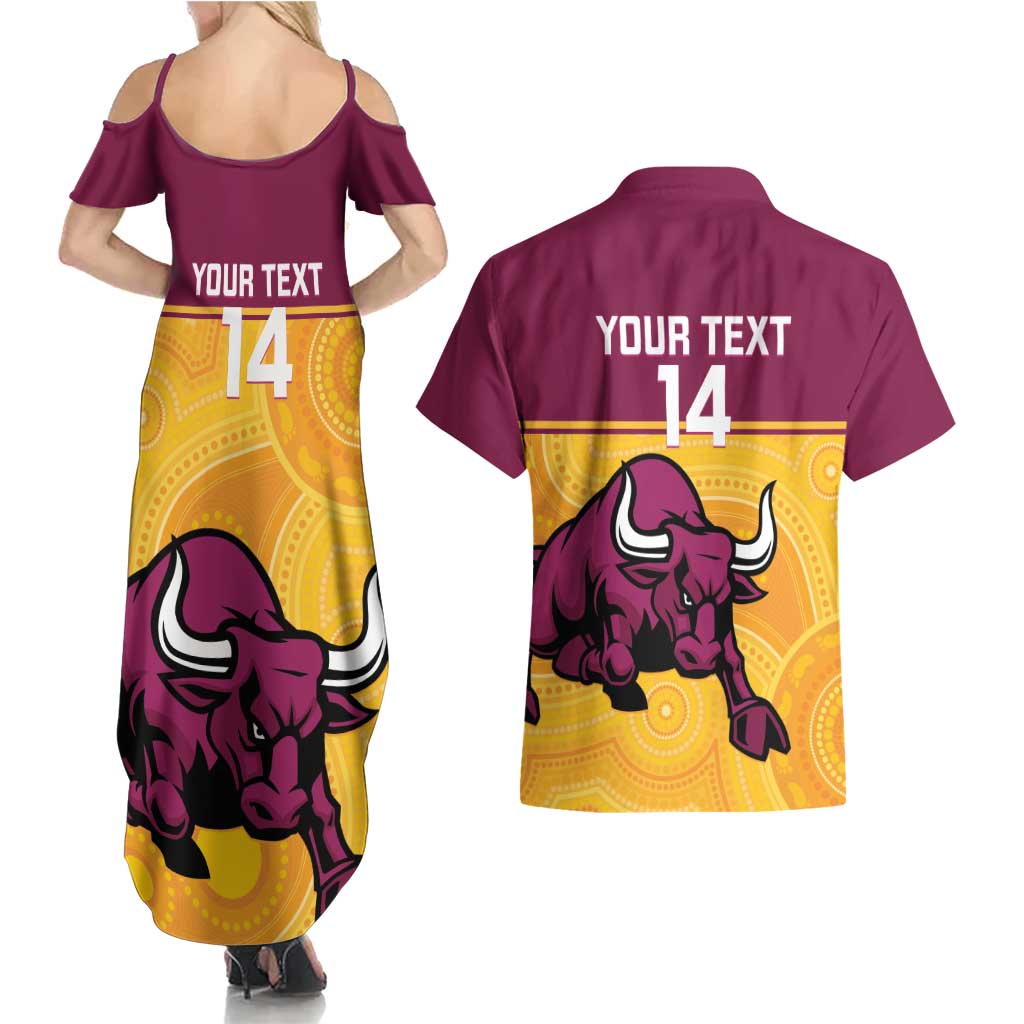 Custom Australia Queensland Cricket Couples Matching Summer Maxi Dress and Hawaiian Shirt Go Bulls - Aboriginal Art