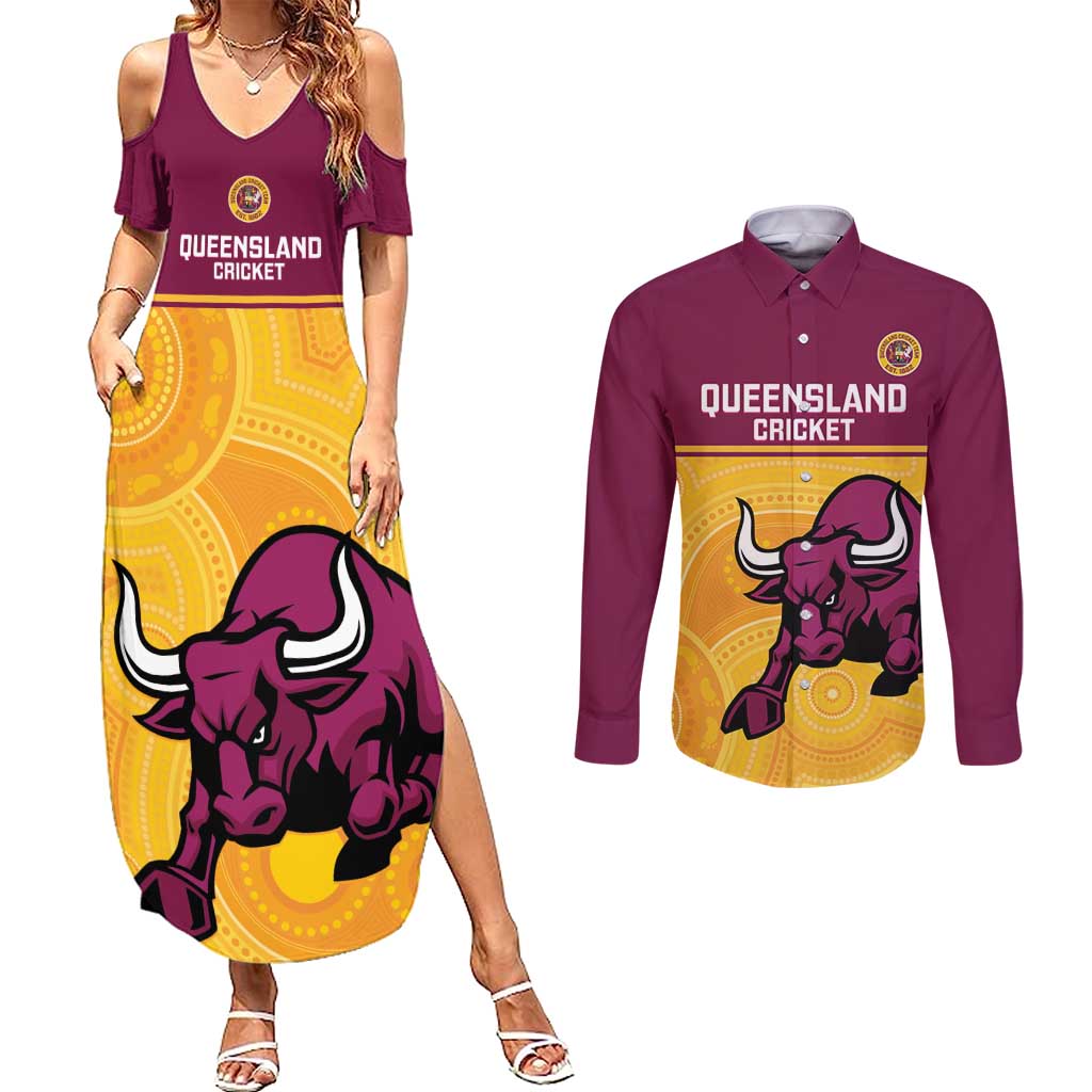 Custom Australia Queensland Cricket Couples Matching Summer Maxi Dress and Long Sleeve Button Shirt Go Bulls - Aboriginal Art