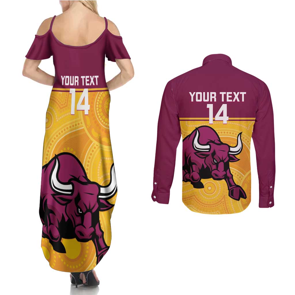 Custom Australia Queensland Cricket Couples Matching Summer Maxi Dress and Long Sleeve Button Shirt Go Bulls - Aboriginal Art
