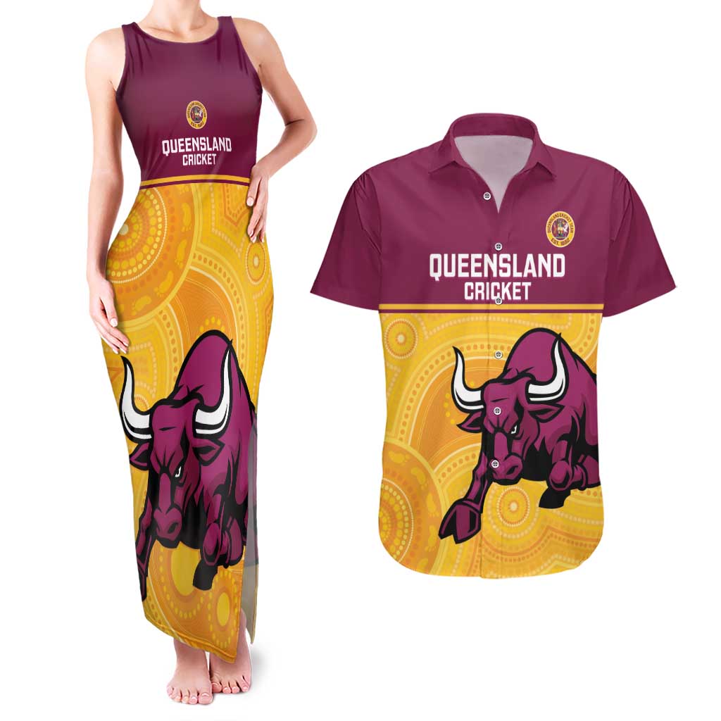 Custom Australia Queensland Cricket Couples Matching Tank Maxi Dress and Hawaiian Shirt Go Bulls - Aboriginal Art