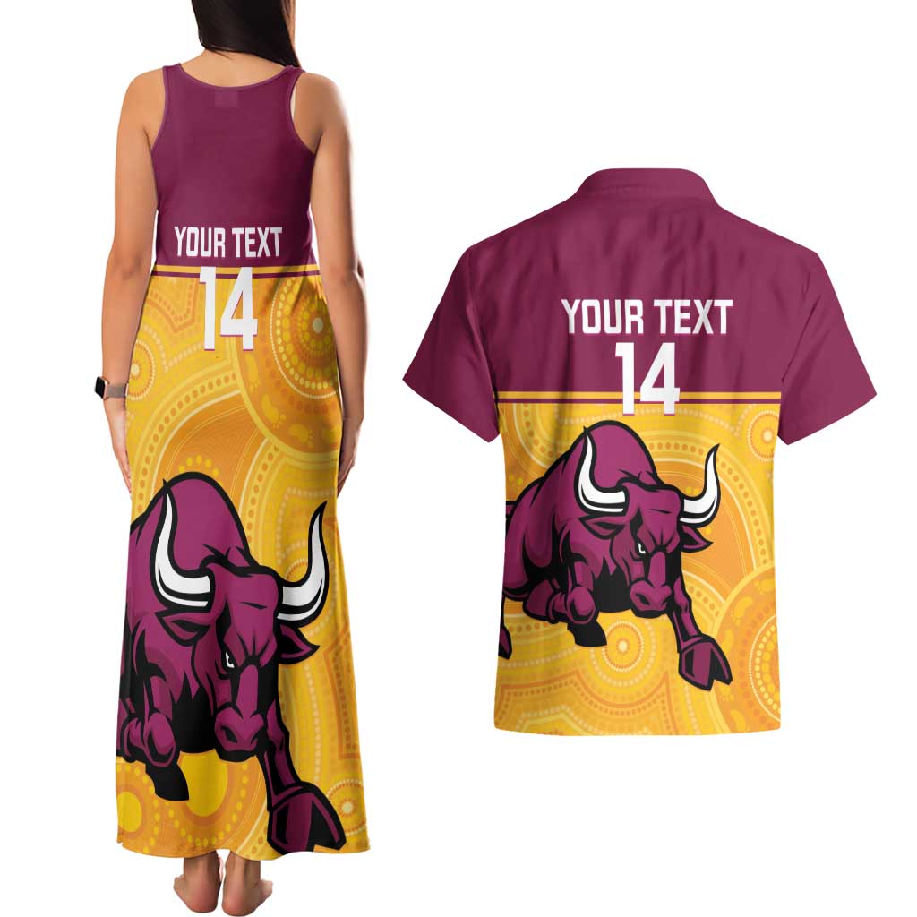 Custom Australia Queensland Cricket Couples Matching Tank Maxi Dress and Hawaiian Shirt Go Bulls - Aboriginal Art