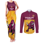 Custom Australia Queensland Cricket Couples Matching Tank Maxi Dress and Long Sleeve Button Shirt Go Bulls - Aboriginal Art