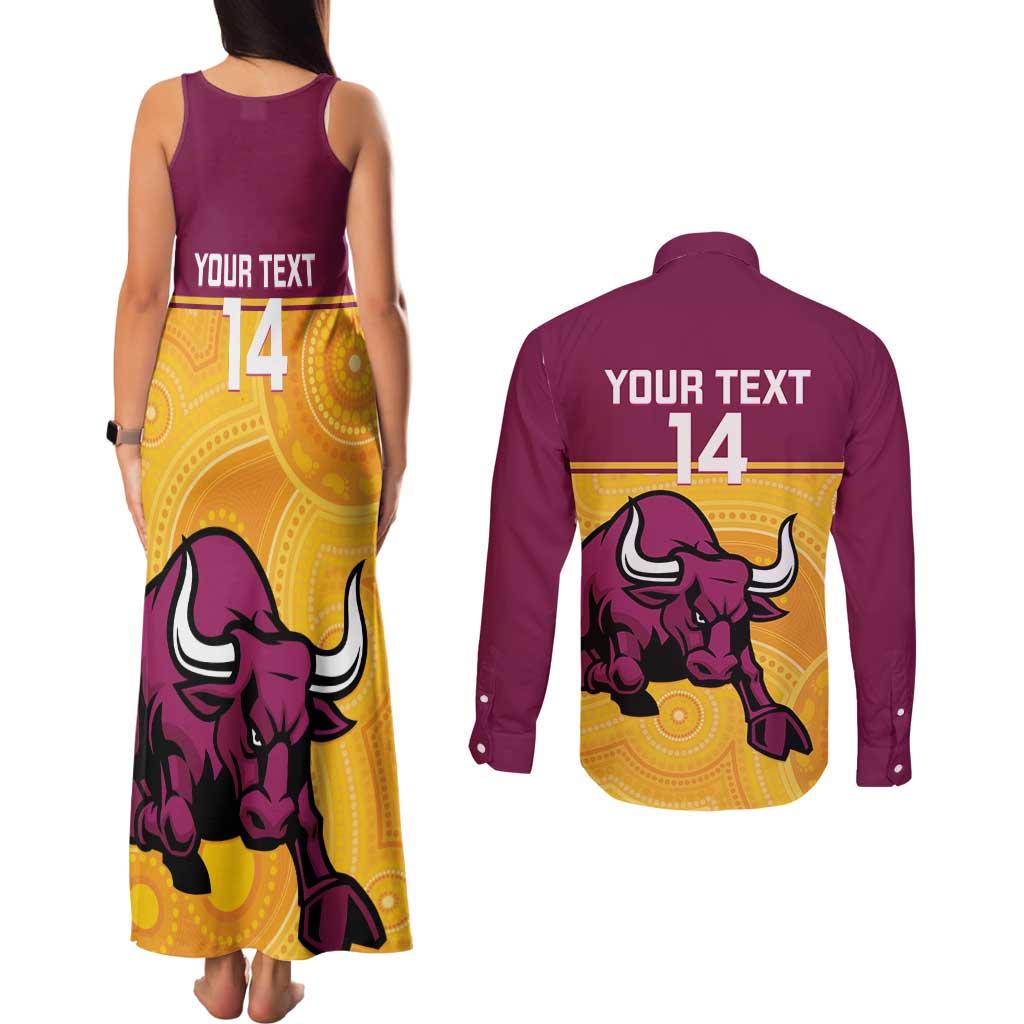 Custom Australia Queensland Cricket Couples Matching Tank Maxi Dress and Long Sleeve Button Shirt Go Bulls - Aboriginal Art