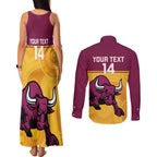 Custom Australia Queensland Cricket Couples Matching Tank Maxi Dress and Long Sleeve Button Shirt Go Bulls - Aboriginal Art