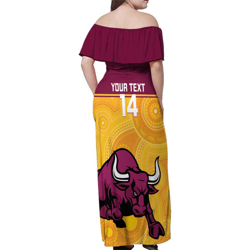 Custom Australia Queensland Cricket Family Matching Off Shoulder Maxi Dress and Hawaiian Shirt Go Bulls - Aboriginal Art