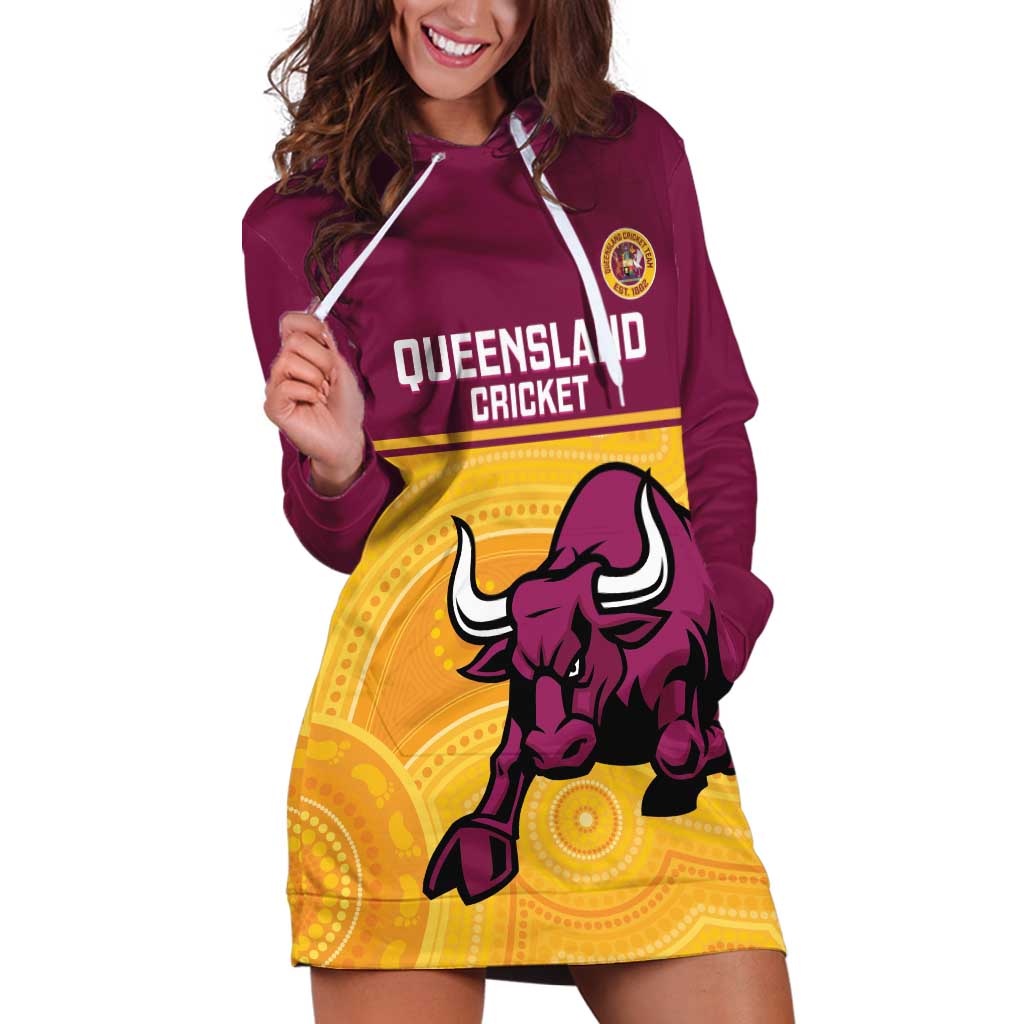 Custom Australia Queensland Cricket Hoodie Dress Go Bulls - Aboriginal Art
