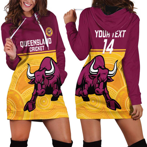 Custom Australia Queensland Cricket Hoodie Dress Go Bulls - Aboriginal Art