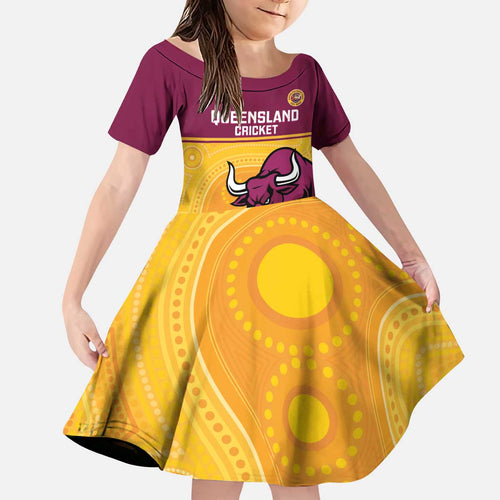 Custom Australia Queensland Cricket Kid Short Sleeve Dress Go Bulls - Aboriginal Art
